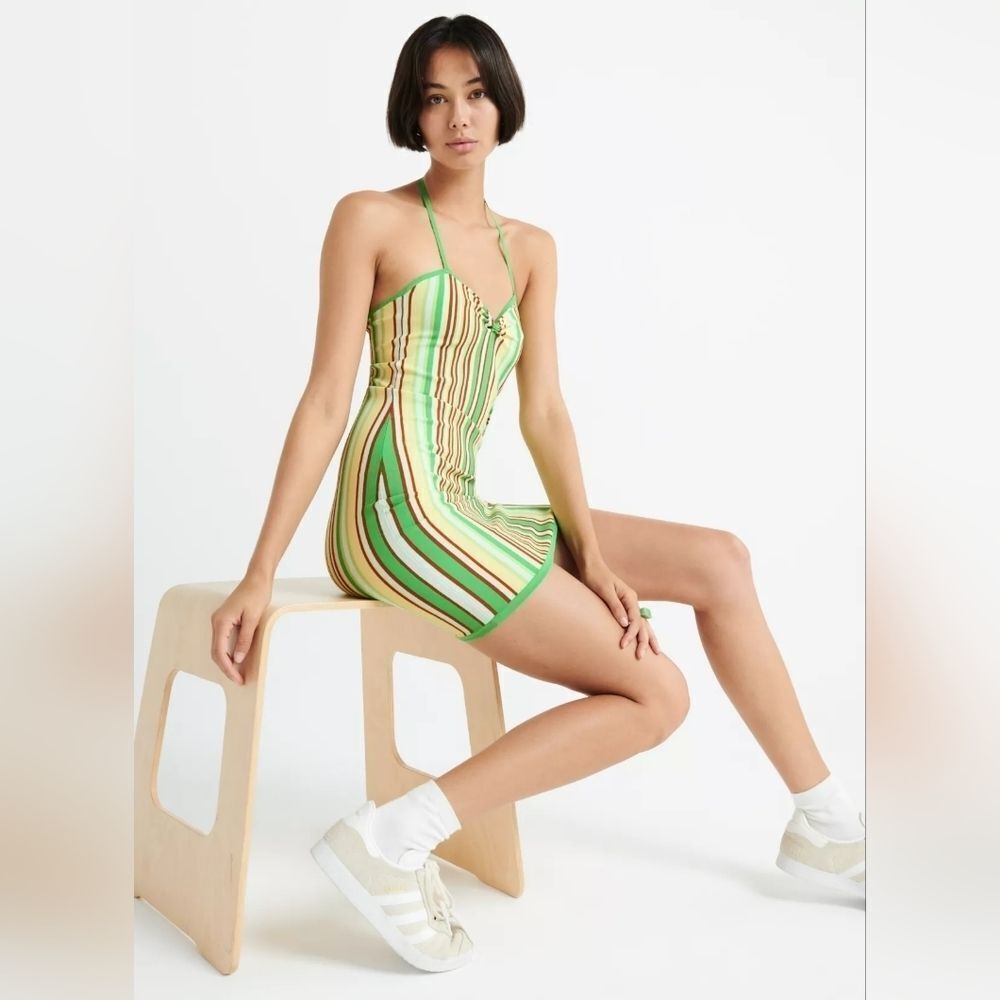 Aritzia Sunday Best Jett Green Striped Halter Bodycon Knit Mini Dress Small